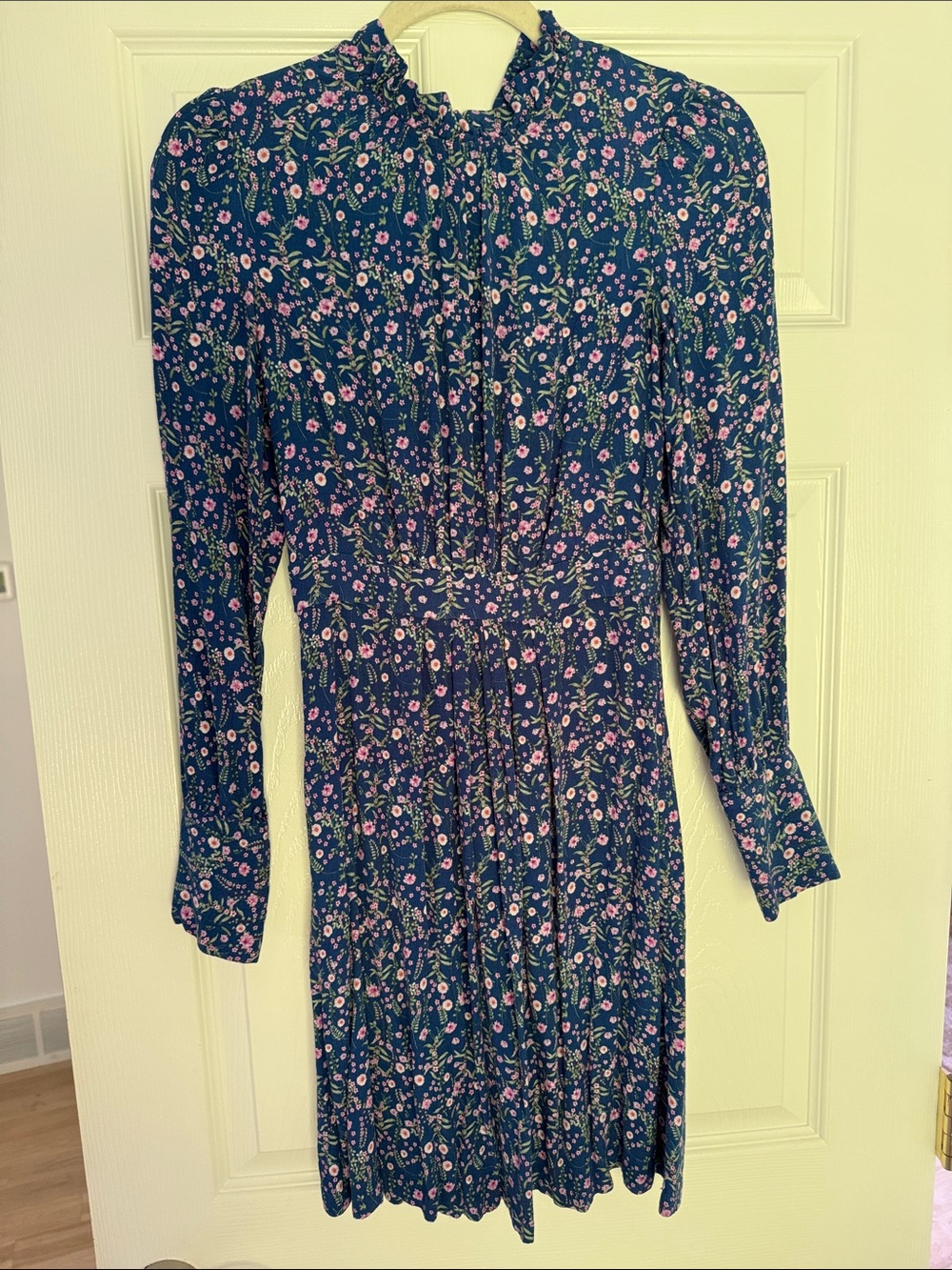 Navy Blue Floral Midi Dress with Long Sleeves